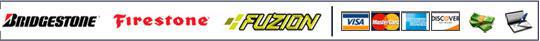 We carry Bridgestone, Firestone, and Fuzion Tires. We accept Visa, MasterCard, American Express, Discover, cash, and check.