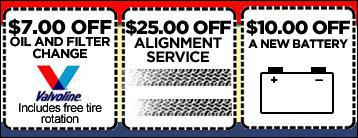 $7.00 off oil and filter change. Includes free tire rotation. $25.00 off alignment service. $10.00 off a new battery.