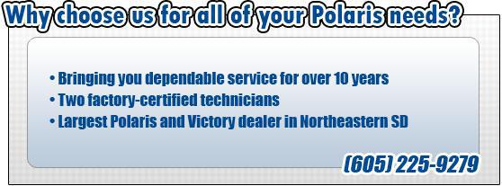 Why choose us for all of your Polaris needs? Bringing you dependable service for over 10 years. Two factory-certified technicians. Largest Polaris and Victory dealer in Northeastern SD. (605) 225-9279.