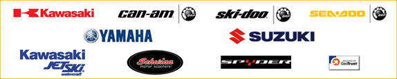 We carry Kawasaki, Can-Am, Ski-Doo, Sea-Doo, Yamaha, Suzuki, Kawasaki Jet Ski, Schwinn, and Spyder.
