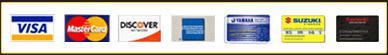 We accept Visa, MasterCard, Discover, American Express credit cards, as well as Yamaha, Suzuki, and Kawasaki financing cards.
