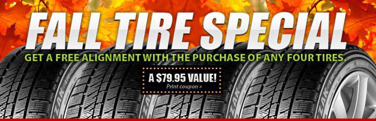 Get a free alignment with the purchase of any four tires. Click here for coupon.
