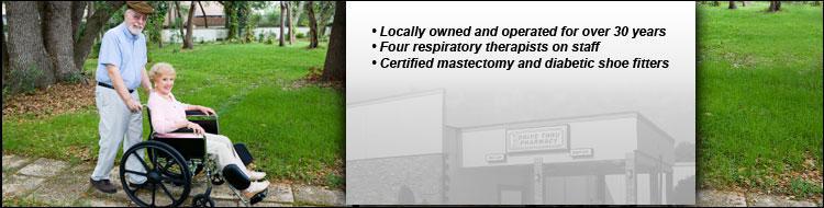 Locally owned and operated for over 30 years. Four respiratory therapists on staff. Certified mastectomy and diabetic shoe fitters.