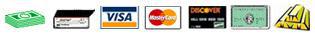 We accept cash, personal checks, Visa, MasterCard, Discover, American Express, and gold bars!