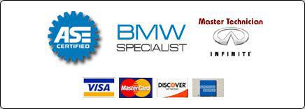 Some of our certifications include ASE, Better Business Bureau of Central Indiana, BMW Master-Certified technician, and Infinity master technician. We accept Visa, MasterCard, Discover, and American Express.