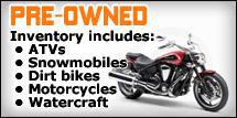 Pre-Owned inventory includes ATVs, snowmobiles, dirt bikes, motorcycles, and watercraft.