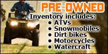 Pre-Owned inventory includes ATVs, snowmobiles, dirt bikes, motorcycles, and watercraft.