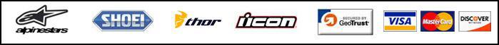 Brands we carry Alpinestars, Shoei, Thor, and Icon. We accept Visa, MasterCard, and Discover.