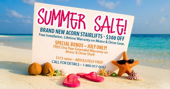 Summer Sale. Brand new Acorn strairlifts $300 off -call for details! Free installation - lifetime warranty on motor $drive gear - i year warranty on rest of stairlift - 151/2' of tracks - 2 remote controls - battery opearated.