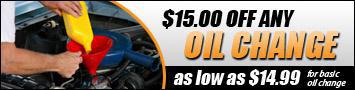 $15.00 off any oil change as low as $14.99 for basic oil change.