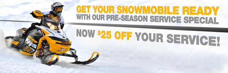 Get your snowmobile ready with our pre-season service special. Save $25 on service! Click here to contact us for details.