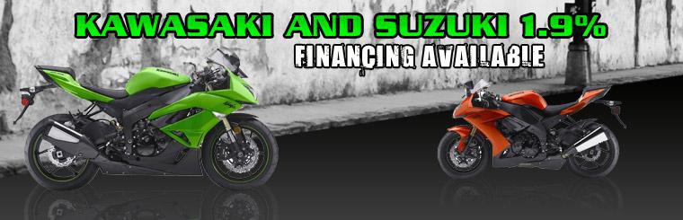 1.9% financing available on Kawasaki and Suzuki units.
