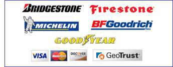 We carry Bridgestone, Firestone, Michelin, BFGoodrich, and Goodyear. This site is secured by GeoTrust. We accept Visa, MasterCard, and Discover.