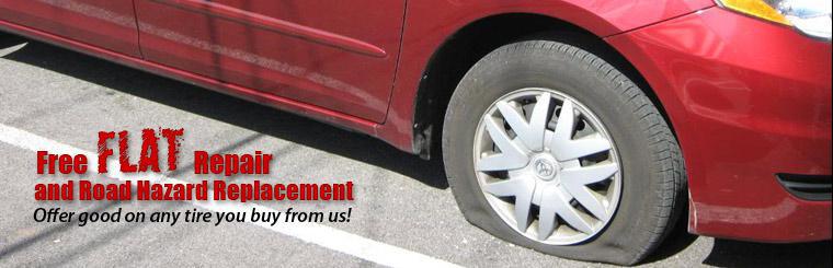 Click here to receive free flat repair and road hazard replacement on any tire you buy from us.