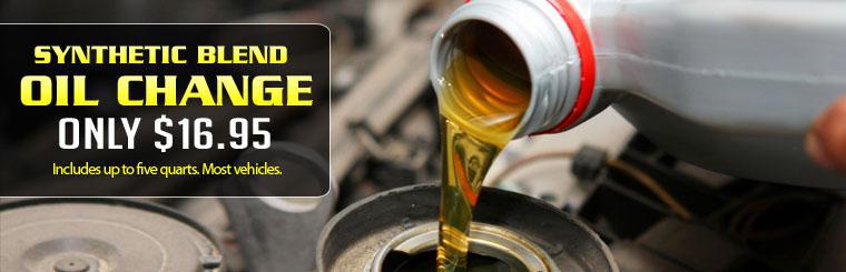Get a synthetic blend oil change for only $16.95! Includes up to five quarts.