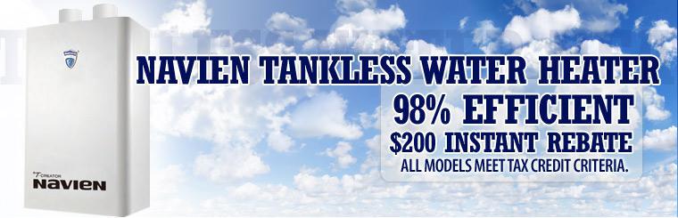 Click here for a $200 instant rebate on Navien tankless water heaters.
