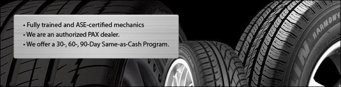 Jones OK Tire Stores has fully trained and ASE-certified mechanics. We are an authorized PAX dealer. We offer a 30-, 60-, 90-Day Same-as-Cash Program.