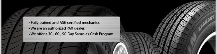 Jones OK Tire Stores has fully trained and ASE-certified mechanics. We are an authorized PAX dealer. We offer a 30-, 60-, 90-Day Same-as-Cash Program.
