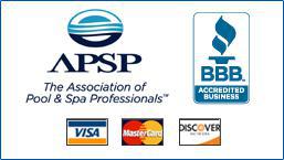 We are accredited by The Association of Pool & Spa Professionals. We are accrdited by the Better Business Bureau. We accept Visa, MasterCard, and Discover.