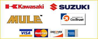 We carry Kawasaki, Suzuki, and Mule. We accept Visa, MasterCard, Discover, and American Express.