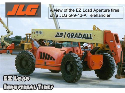 A view of the EZ Load Aperture tires on a JLG G-9-43-A Telehandler.