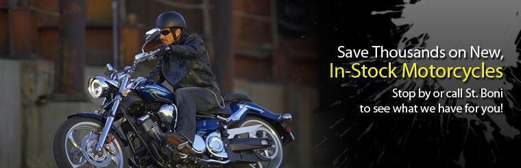Save thousands on new, in-stock motorcycles at St. Boni Motorsports.