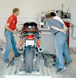 Testing a bike on the dynamometer.