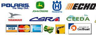 We carry Polaris, John Deere, Husqvarna, Echo, and Yanmar products. We are affiliated with the Canadian Powersports Racing Association and the Canada East Dealers' Association. We accept Visa, MasterCard, American Express, cash, and Interac.