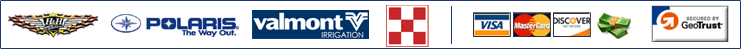 We carry products from H&H Trailers, Polaris, Valmont Irrigation, and Purina Mills. We accept the following forms of payment: Visa, MasterCard, Discover, and cash.