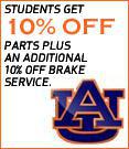 Students get 10% off parts plus an additional 10% off brake service.