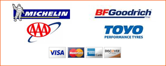 We carry Michelin, BFGoodrich, and Toyo tires. We accept Visa, MasterCard, American Express, and Discover. We are AAA approved.