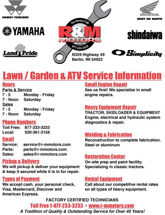 Click Here for a printable PDF version of our Skidloader, Compact Tractor, Lawn & Garden and ATV Service Menu