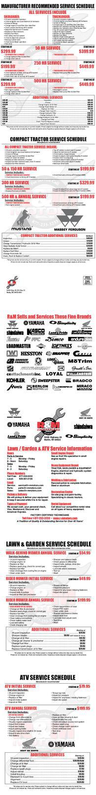 Click Here for a printable PDF version of our Skidloader, Compact Tractor, Lawn & Garden and ATV Service Menu