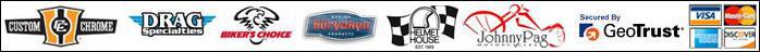 We carry Custom Chrome, Drag Specialties, Biker's Choice, Kuryakyn, Helmet House, and JohnnyPag products. We accept Visa, MasterCard, American Express, and Discover.