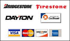 Brands we carry include Bridgestone, Firestone, and Dayton. This site is secured by GeoTrust. We accept Visa, MasterCard, Discover, and American Express.