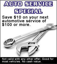 Auto Service Special: Save $10 on your next automotive service of $100 or more. Not valid with any other offer. Good for most vehicles. No cash value.