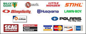 We carry Bill Goat, Exmark, Little Wonder, STIHL, Simplicity, Husqvarna, Lawn-boy, Polaris, Scag and Honda. We accept Visa, MasterCard, Discover and American Express.