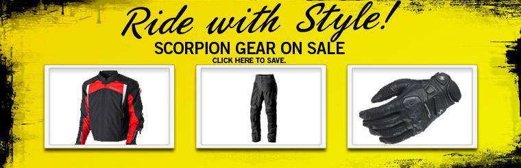 Get your on-sale Scorpion gear here and ride with style.