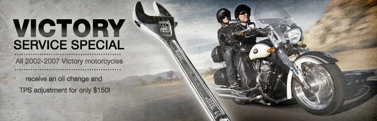 All 2002-2007 Victory motorcycles receive an oil change and TPS adjustment for only $150!
