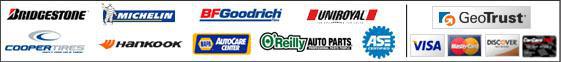 We carry Bridgestone, Michelin, BFGoodrich, Uniroyal, Cooper, and Hankook. We are certified by NAPA Auto Center, O'Reilly, and ASE. We accept Visa, MasterCard, Discover, and CarCareOne cards. Our site is secured by GeoTrust.