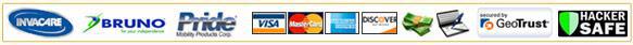 We carry Invacare, Bruno, and Pride products. We accept Visa, MasterCard, American Express, Discover, cash, and checks. This site is secured by GeoTrust and Hacker Safe.