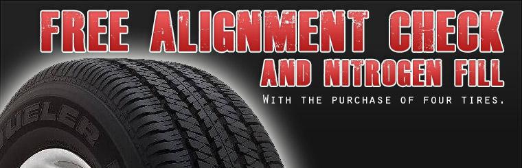 Get a free alignment check and nitrogen fill with the purchase of four new tires.