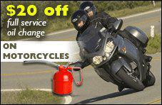 $20 off a full service oil change on motorcycles. Expires October 31.