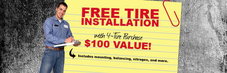 Get a free tire installation with a four-tire purchase! Click here for coupon.