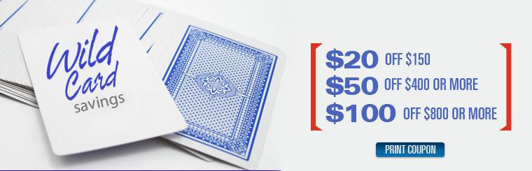 Click here for a Wild Card coupon good toward $20 off a $150 purchase, $50 off a purchase of $400 or more, or $100 off a purchase of $800 or more.
