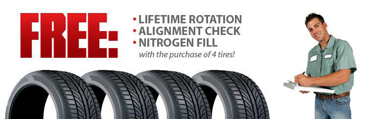 Purchase four tires and receive free lifetime rotation, alignment check, and nitrogen fill.