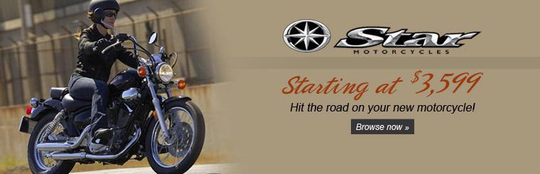 Hit the road on your new motorcycle! Units are now starting at only $3,599. Click here to browse now.