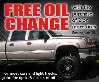 Free oil change with the purchase of 2 or more tires. Expires June 30th. For most cars and light trucks: good for up to 5 quarts of oil.