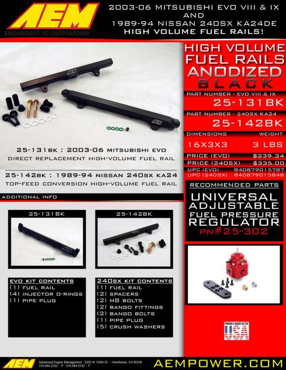 High Volume Fuel Rails Anodized Black - Part number 25-1318K and 25-142BK.