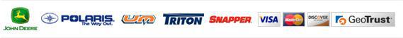 We carry John Deere, Polaris, UM, Triton, and Snapper products. We accept Visa, Mastercard, and Discover.